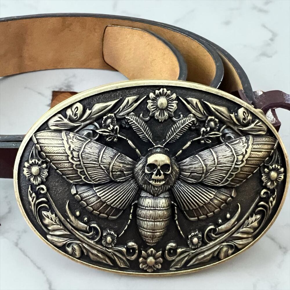 Gothic Death Moth Skull Belt Real Leather Western Engraved Buckle